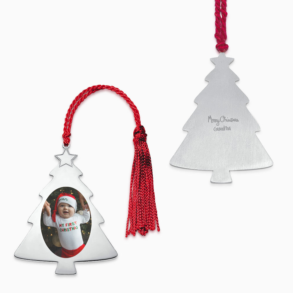 Engravable Sterling Silver Christmas Tree Photo Ornament with Tassel - OSL240832 