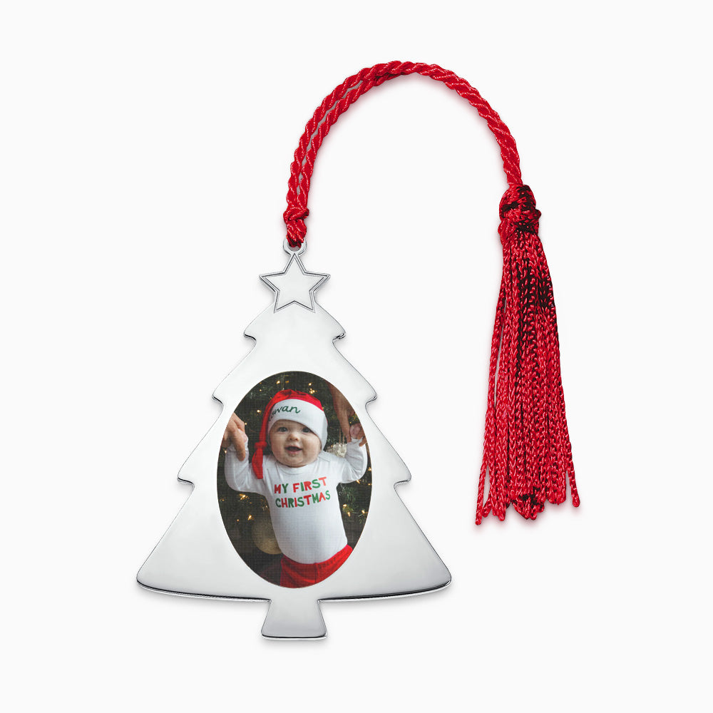 Engravable Sterling Silver Christmas Tree Photo Ornament with Tassel - OSL240832 