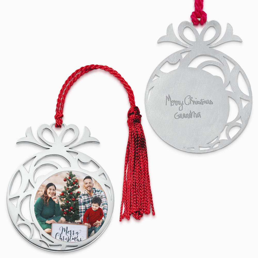 Engravable Sterling Silver Christmas Bauble Photo Ornament with Tassel  - OSL240833