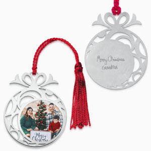 Engravable Sterling Silver Christmas Bauble Photo Ornament with Tassel  - OSL240833 - Custom Engraved with Handwriting on the Back