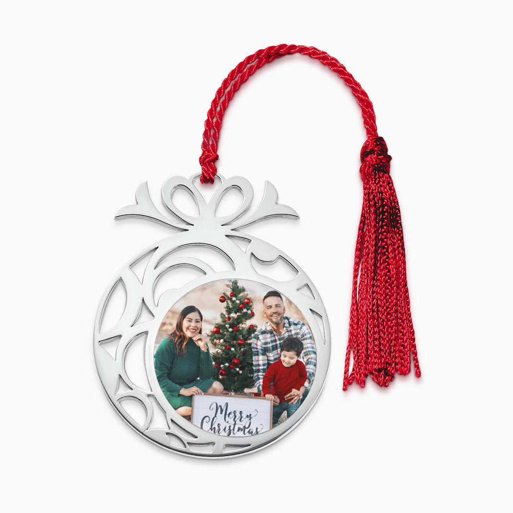 Engravable Sterling Silver Christmas Bauble Photo Ornament with Tassel  - OSL240833