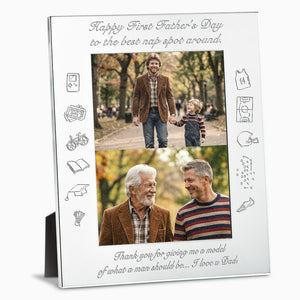 Engravable Silver Plated Wide Edge 8x10 Photo Frame with before and after photos of a father and son, custom engraved with text and hand drawn artwork creating a unique Personalized Father's Day Gift - Style PFS250710