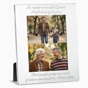 Engravable Silver Plated Wide Edge 8x10 Photo Frame with before and after photos of a father and son, custom engraved with text for a Personalized Father's Day Gift - PFS250710