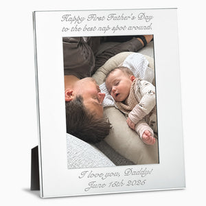 Engravable Silver Plated Wide Edge 8x10 Photo Frame with a father and baby, Custom Engraved with Script Text for a Personalized First Father's Day Gift - PFS250710