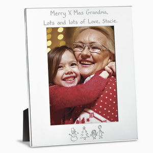 Engravable Silver Plated Wide Edge 8x10 Photo Frame with a photo of a little girl hugging her grandmother, custom engraved with a handwritten inscription and hand drawn artwork creating a unique Christmas Gift - Style PFS250710