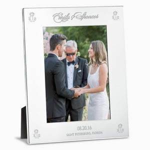 Engravable Silver Plated Wide Edge 5x7 Photo Frame - Style PFS250711  - Personalized for newly married couple, custom-engraved with artwork from their wedding invitation.