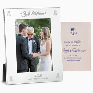 Engravable Silver Plated Wide Edge 5x7 Photo Frame - PFS250711  - Personalized for newly married couple, custom-engraved with their wedding invitation artwork.