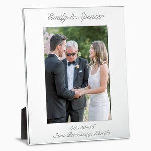 Engravable Silver Plated Wide Edge 5x7 Photo Frame - Style PFS250711  - Personalized for newly married couple, engraved with text celebrating their marriage.