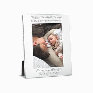 Engravable Silver Plated Wide Edge 5x7 Photo Frame for Dads - Style PFS250711D - Personalized for a new dad to celebrate his first father's day, engraved with text and a date above and below the photograph.