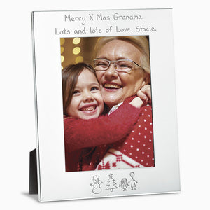 Engravable Silver Plated Wide Edge 5x7 Photo Frame - Style PFS250711X - A Christmas gift from a young granddaughter to her grandmother, personalized with an engraved handwritten note and hand drawn artwork above and below the photograph.