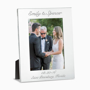 Engravable Silver Plated Wide Edge 4x6 Photo Frame - Style PFS250712 - Personalized for newly married couple, engraved with a text inscription above and below the photograph in celebration of their wedding.