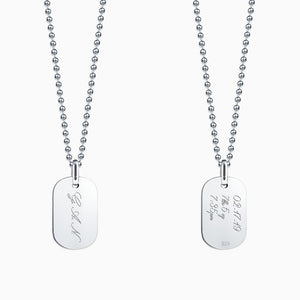 Engravable Women’s Flat-Edge Sterling Silver Dog Tag Necklace with Military Bead Chain - NSL130923 - Personalized with Script Initials and Birth Details.