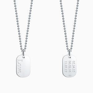 Engravable Women’s Flat-Edge Sterling Silver Dog Tag Necklace with Military Bead Chain - NSL130923 - Personalized with edge-aligned text and dates.