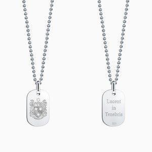 Engravable Women’s Flat-Edge Sterling Silver Dog Tag Necklace with Military Bead Chain - NSL130923 - Personalized with a family crest and motto.