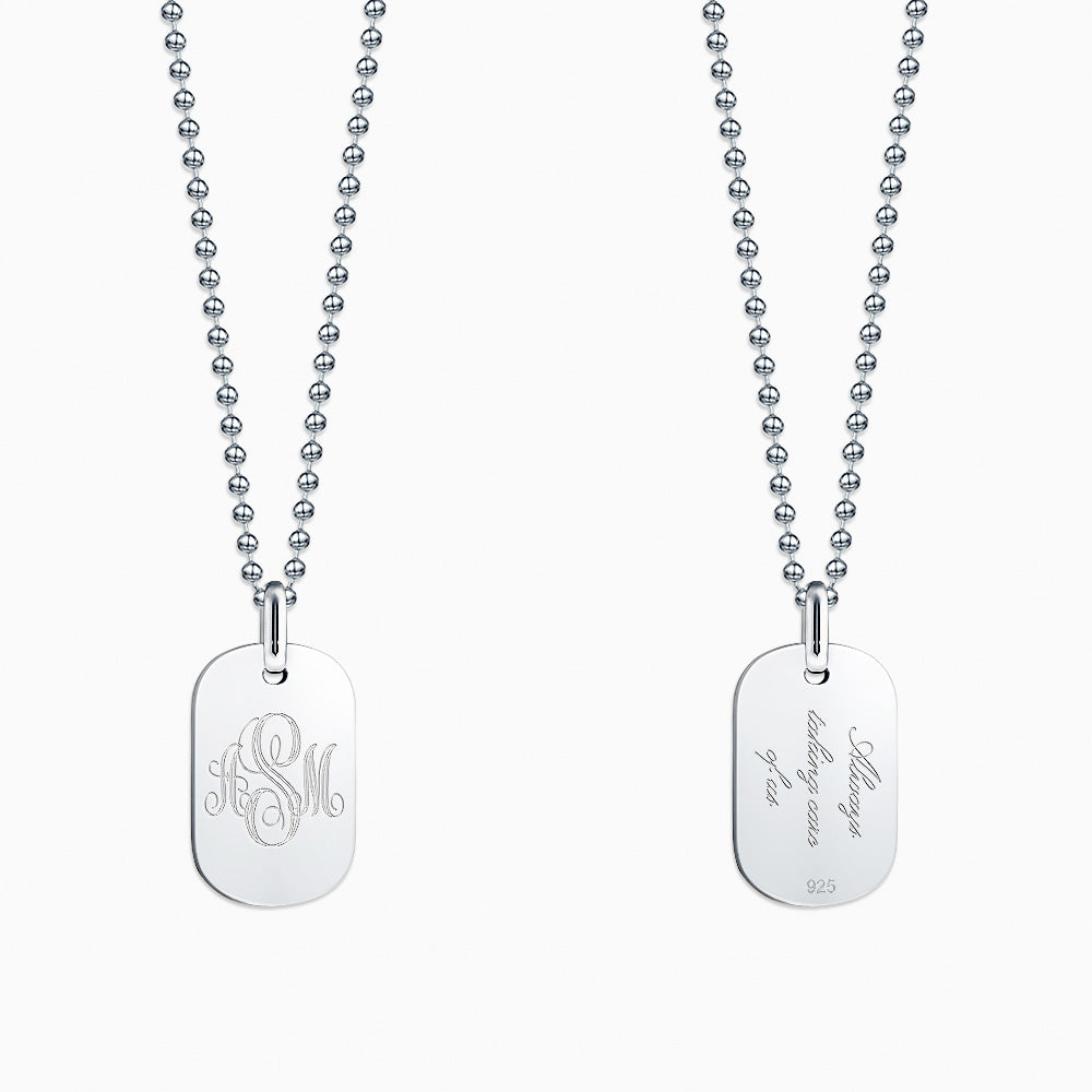 Engravable Women’s Flat-Edge Sterling Silver Dog Tag Necklace with Military Bead Chain - NSL130923