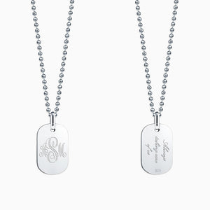 Engravable Women’s Flat-Edge Sterling Silver Dog Tag Necklace with Military Bead Chain - NSL130923 - Personalized with Script Monogram and Text Inscription.
