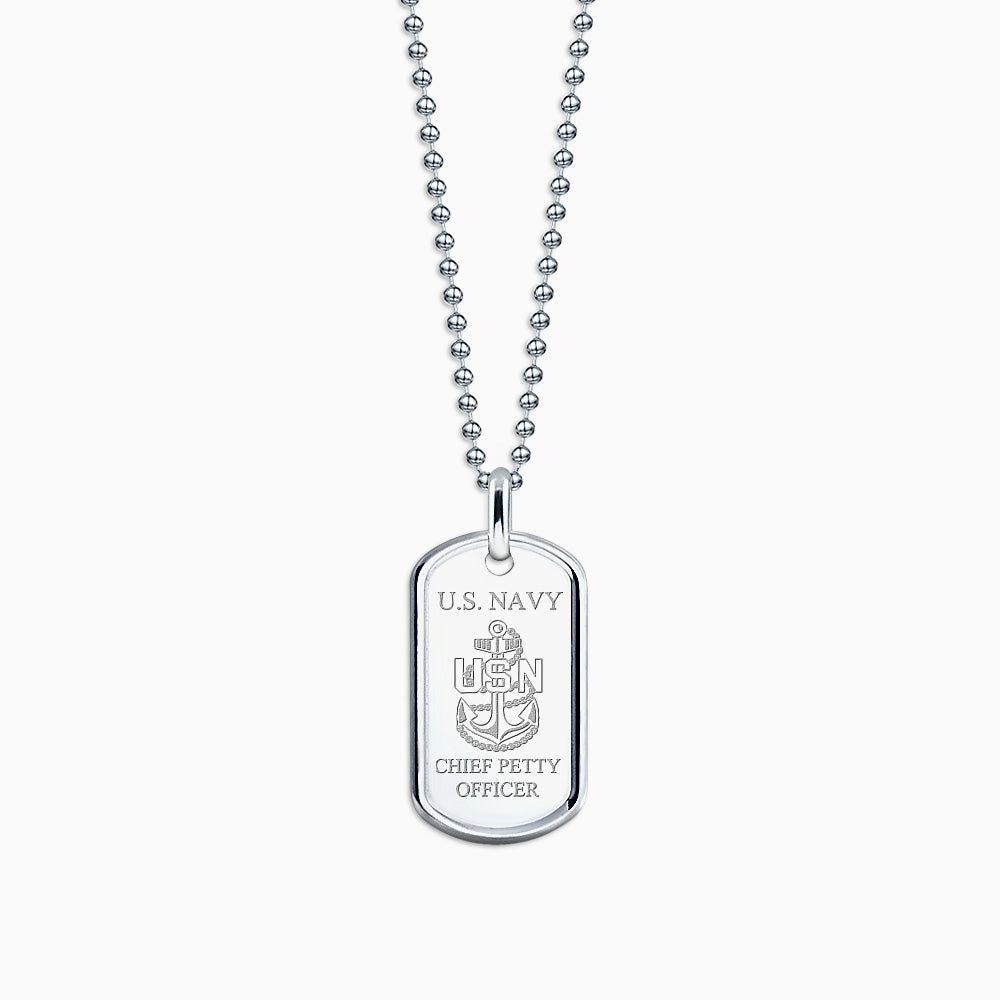 Engravable Men's Sterling Silver Raised-Edge Dog Tag Necklace w/ Bead Chain - Medium