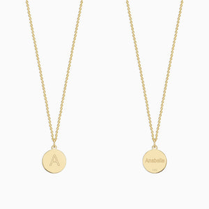Engravable 1/2 inch 14k Yellow Gold Disc Charm Necklace with Cable Chain - NYG130426 - Front Initial Engraving and Back Name Engraving