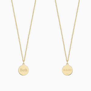 Engravable 1/2 inch 14k Yellow Gold Disc Charm Necklace with Cable Chain - NYG130426 - Front Name Engraving and Back Date Engraving