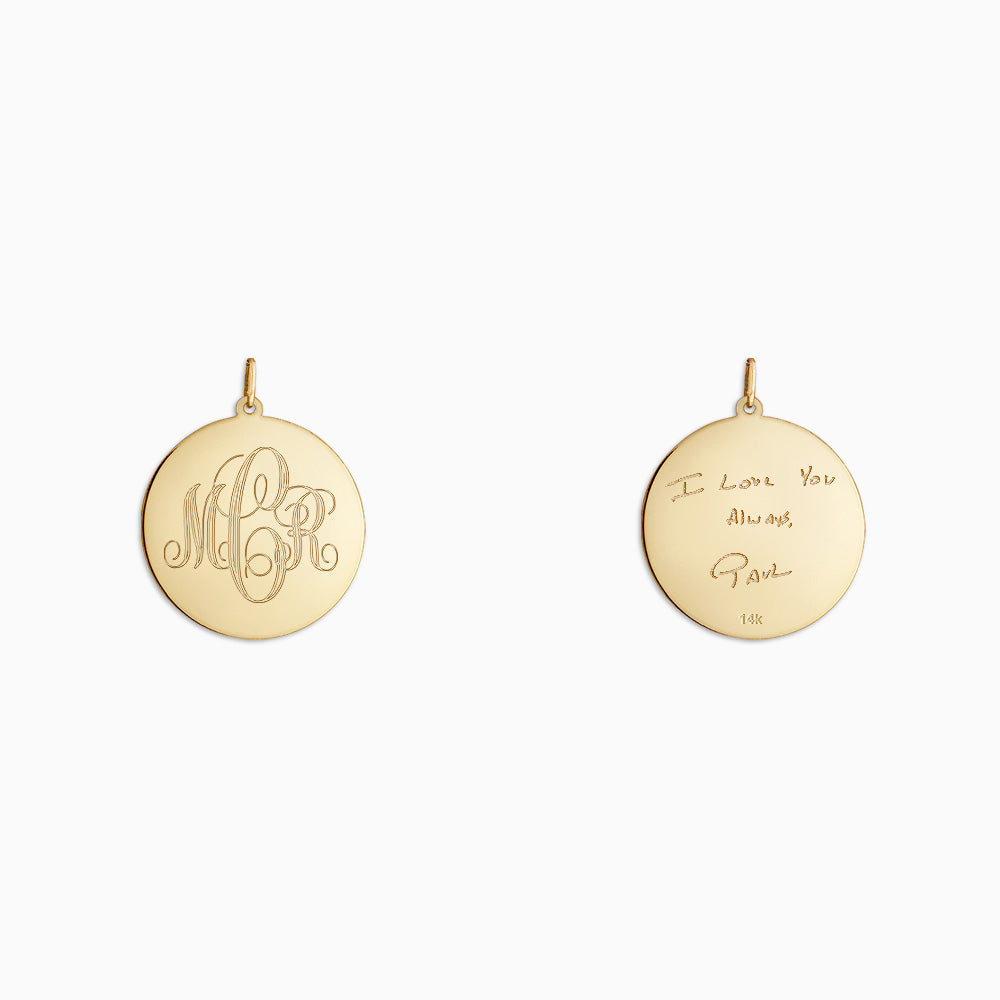 Engravable, 1 inch 14k Yellow Gold Interlocking-Script Monogram Disc Charm Pendant - PYG061011