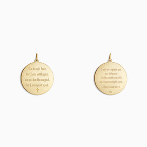 Engravable 1 inch, 14k Yellow Gold Disc Charm Pendant - PYG130421 - Prayer Text Engraving on Front and Back