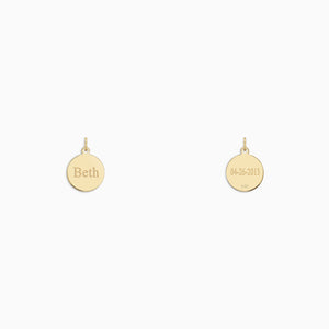 Engravable 1/2 inch 14k Yellow Gold Disc Charm Pendant - PYG130426 - Engraving of a Name on the Front and a Date on the Back