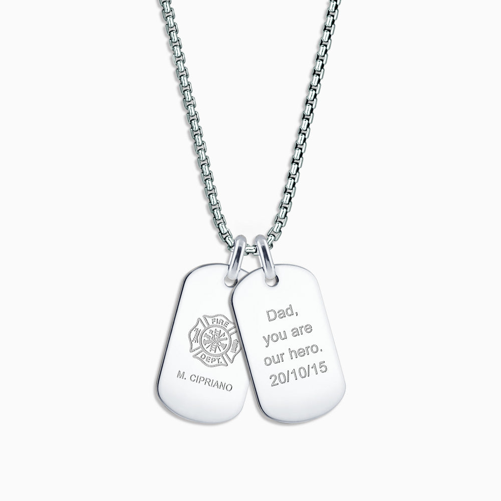 Engravable Mens Medium Sterling Silver Flat Edge Double Dog Tag Necklace with Box Link Chain - NSL0608022