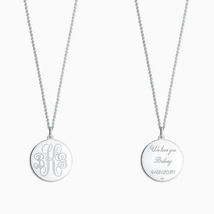 Engravable 7/8 inch Sterling Silver Interlocking-Script Monogram Disc Charm Necklace - NSL080505 - Front and Back Engraving