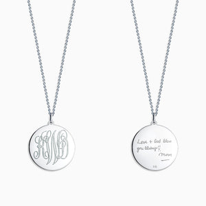 Engravable 1 inch 14k White Gold Interlocking-Script Monogram Disc Charm Necklace - NWG061011 - Front and Back Engraving