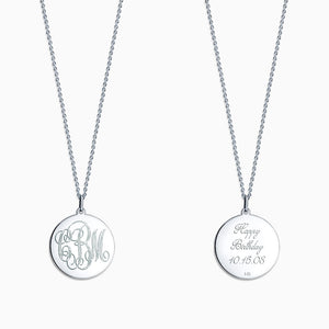 Engravable 7/8 inch 14k White Gold Interlocking-Script Monogram Disc Charm Necklace - NWG081216 - Front and Back Engraving