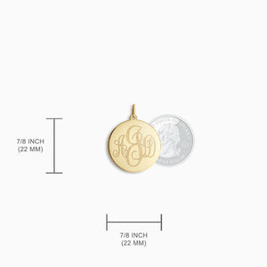 Engravable 7/8 inch 14k Yellow Gold Interlocking-Script Monogram Disc Charm Pendant - PYG081216 - Size Detail