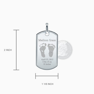 Men's Engraved Baby Footprint Raised Edge Sterling Silver Dog Tag Necklace has a Tag Size of 2 inch x 1 1/8 inch