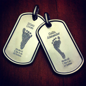 Men's Engraved Baby Footprint Raised Edge Sterling Silver Dog Tags - Medium Size - Engraved with Single Baby Footprints, Name, Birthdate, Birth weight, and Birth Size