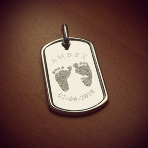 Men's Engraved Baby Footprint Raised Edge Sterling Silver Dog Tag - Medium Size - Engraved with Baby Footprints, Name and Birthdate in an Arc