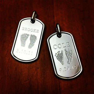 Men's Engraved Baby Footprint Raised Edge Sterling Silver Dog Tags - Medium Size - Engraved with Baby Footprints, Names and Birthdates