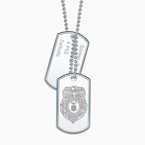 Engravable Mens Large Raised-Edge Sterling Silver Double Dog Tag Slider Necklace w/ Ball Chain and Extension - Engraving Zoom