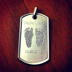 Mens Large Raised Edge Sterling Silver Dog Tag Necklace Engraved with Actual Baby Footprints, Baby's Name and Birth Date - Item NSL210505