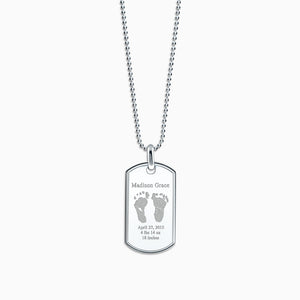 Men's Large Raised-Edge Sterling Silver Dog Tag Necklace Engraved with Actual Baby Footprints (NSL210505)