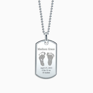 Men's Large Raised Edge Sterling Silver Dog Tag Necklace Engraved with Actual Baby Footprints - Zoom Detail