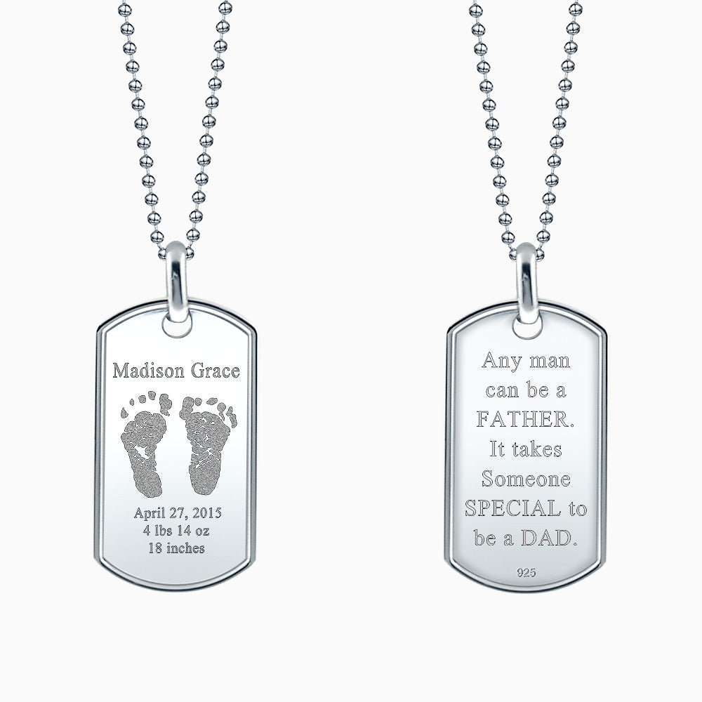 Men's Large Raised-Edge Sterling Silver Dog Tag Necklace Engraved with Actual Baby Footprints (NSL210505)