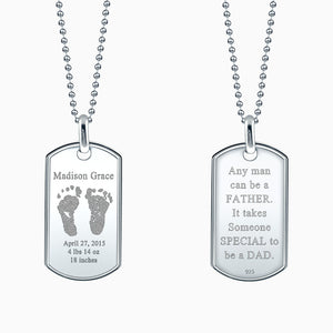 Men's Large Raised Edge Sterling Silver Dog Tag Necklace with Actual Baby Footprints Engraved on the Front and Back