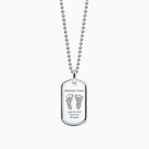 Men's Medium Raised-Edge Sterling Silver Dog Tag Necklace with Engraved Actual Baby Footprints - Zoom View
