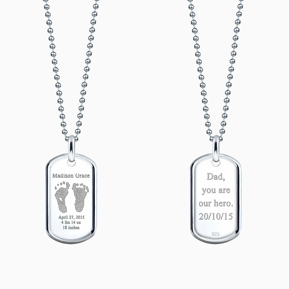 Men's Medium Raised-Edge Sterling Silver Dog Tag Necklace with Engraved Actual Baby Footprints