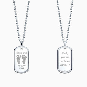 Men's Medium Raised-Edge Sterling Silver Dog Tag Necklace with Engraved Actual Baby Footprints on Front - Engraved Text on Back 