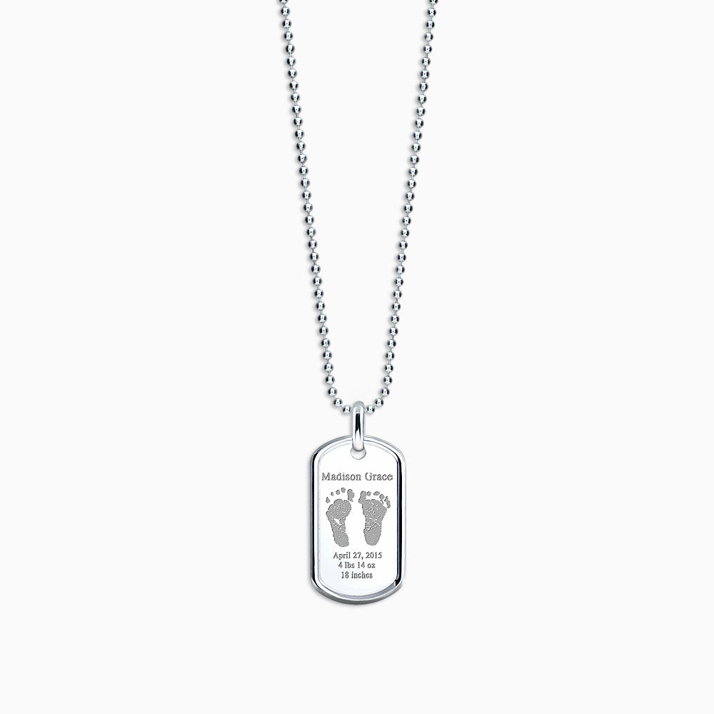 Men's Medium Raised-Edge Sterling Silver Dog Tag Necklace with Engraved Actual Baby Footprints