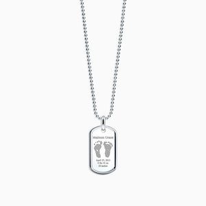 Men's Medium Raised-Edge Sterling Silver Dog Tag Necklace with Engraved Actual Baby Footprints