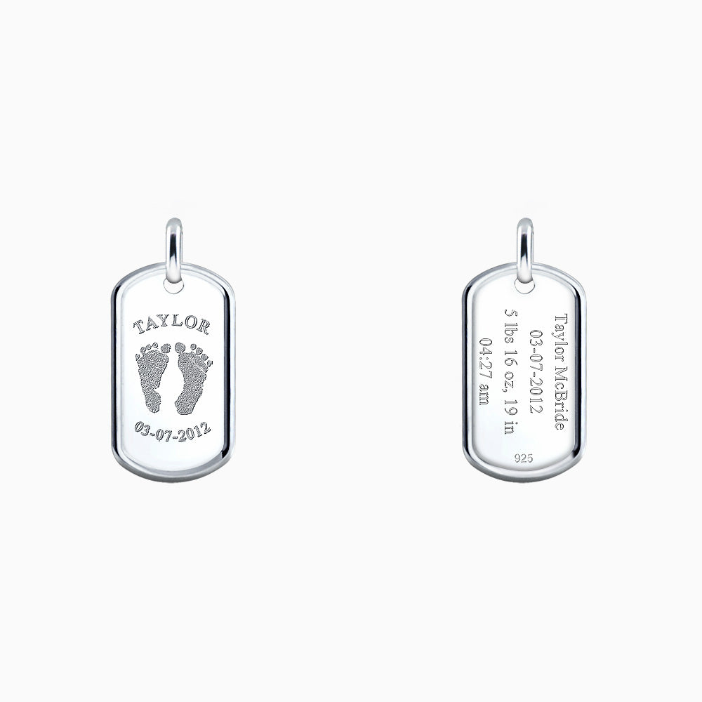 Men's Medium Sized Raised-Edge Sterling Silver Dog Tag with Actual Baby Footprints Engraved (PSL140721)
