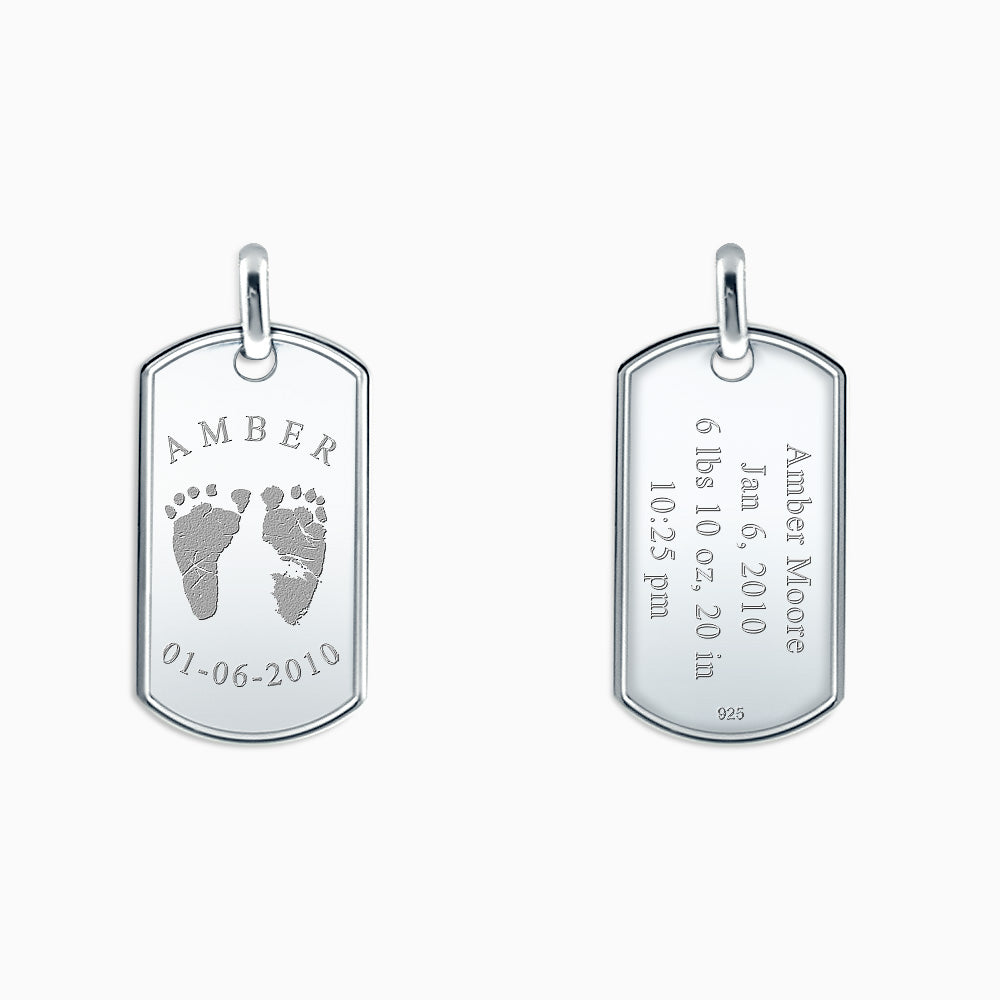 Men's Large Raised Edge Sterling Silver Dog Tag Pendant Engraved with Actual Baby Footprints (PSL140721L)