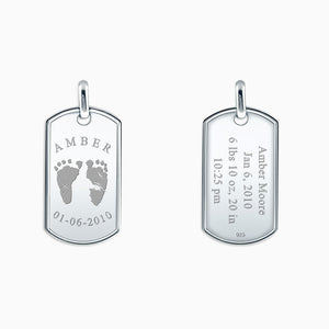 Men's Large Raised Edge Sterling Silver Dog Tag Pendant Engraved with Actual Baby Footprints on the Front and Text on the Back (PSL140721L)
