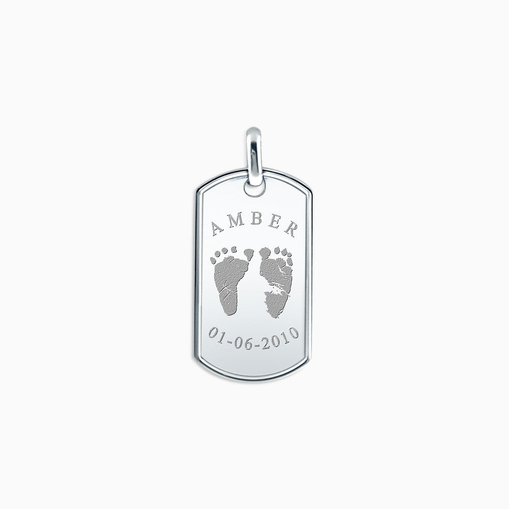 Men's Large Raised Edge Sterling Silver Dog Tag Pendant Engraved with Actual Baby Footprints (PSL140721L)